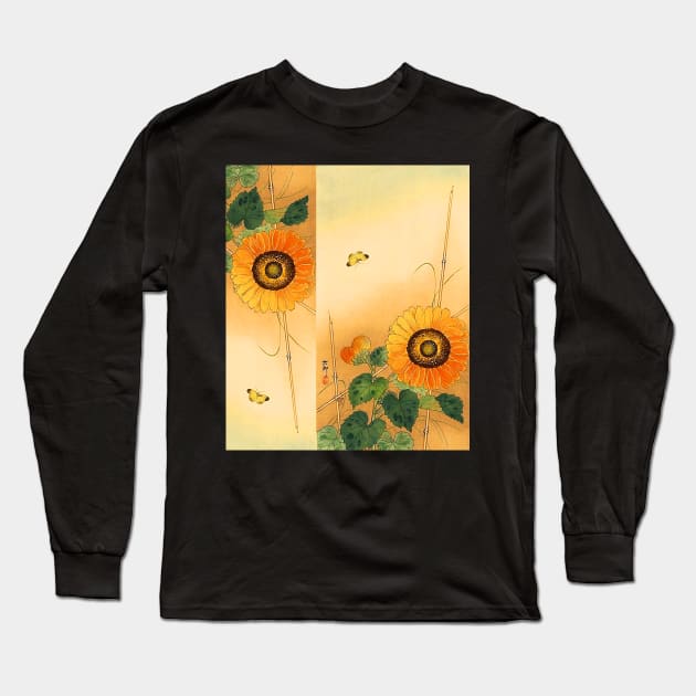 SUNFLOWER AND BUTTERFLY Antique Japanese Paintings Long Sleeve T-Shirt by BulganLumini